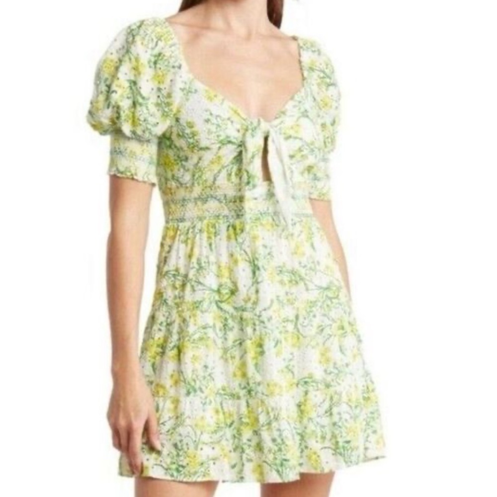 Alice + Olivia Green Floral Puff Sleeve Mini Dress V-Neck Tie Front
